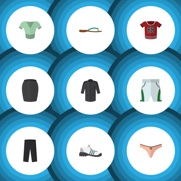 Platte pictogram kleding Set T-Shirt, stijlvolle kleding, Sneakers en andere vectorobjecten. Ook omvat Gumshoes, schachten, Sandal elementen. — Stockvector