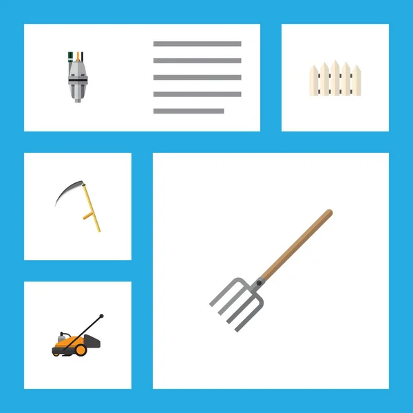 Icono plano Dacha conjunto de cortador, tenedor de heno, barrera de madera y otros objetos vectoriales. También incluye bomba, herramienta, elementos de valla . — Vector de stock