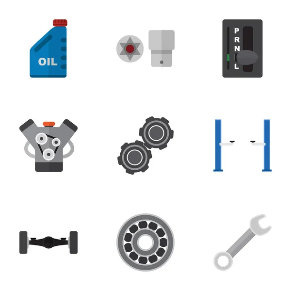 Icono plano taller conjunto de motor, tornillo de giro, gasolina y otros objetos vectoriales. También incluye llave, elevación, elementos del cojinete . — Archivo Imágenes Vectoriales