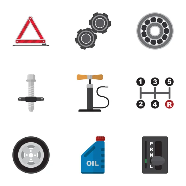 Icono plano conjunto de servicio de gasolina, transmisión automática, neumáticos y otros objetos de vectores. También incluye rueda, emergencia, elementos de aceite . — Archivo Imágenes Vectoriales