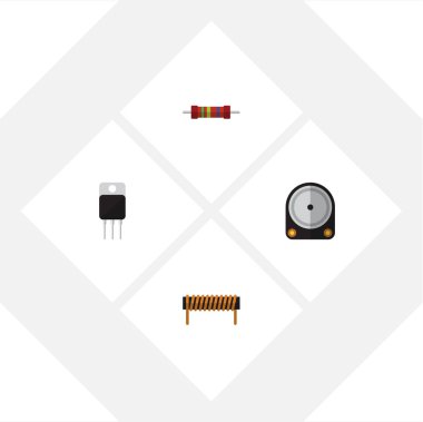 Düz simge teknoloji alıcı, bobin, direnç ve diğer vektör nesneleri kümesi. Ayrıca bobin, bakır, direnç öğeleri içerir.