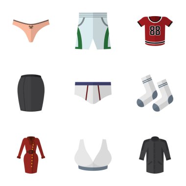 Giysi, ayak Tekstil, T-Shirt ve diğer vektör nesnelerini düz simge giysi seti. Ayrıca içerir özetleri, kumaş, dokuma detayları.