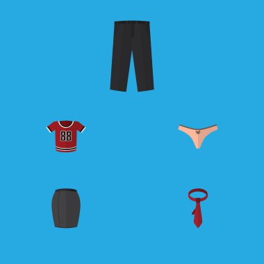 Düz simgesi elbise T-Shirt, pantolon, kravat ve diğer vektör nesnelerini ayarlayın. Ayrıca kravat, gömlek, iç çamaşırı öğeleri içerir.