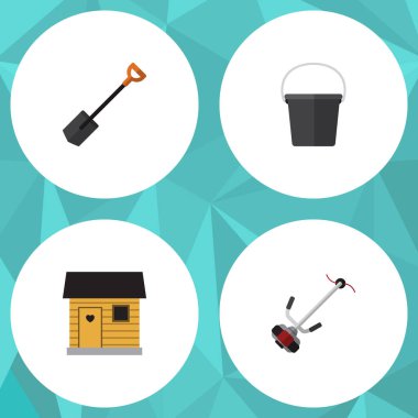 Düz simgesi çiftlik kümesi çim-kesici, kova, kürek ve diğer vektör nesneleri. Ayrıca çim, çim biçme makinesini, kova öğeleri içerir.