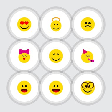 Angel, okşa, gülümseme ve diğer vektör nesnelerini düz simge yüz seti. Ayrıca gülümseme, eğlenceli, sırıtış öğeleri içerir.