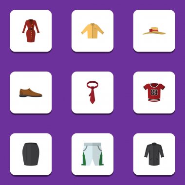 Düz simgesi elbise kümesi Cravat, Banyan, üniforma ve diğer vektör nesneleri. Ayrıca kravat, içerir üniforma, giyim öğeleri.