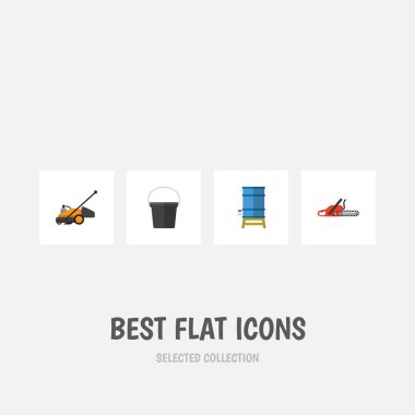 Düz kutsal kişilerin resmi Bahçe çim biçme makinesi, konteyner, kova ve diğer vektör nesneleri kümesi. Ayrıca su, ağız, kova öğeleri içerir.