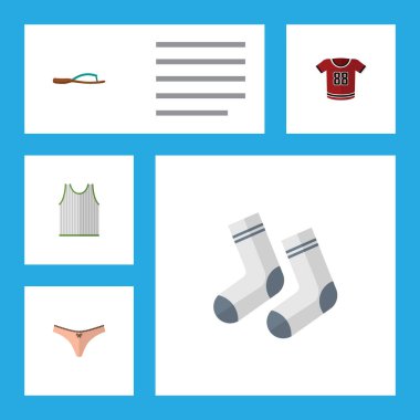 Düz simge kıyafetleri ayarla Singlet, iç çamaşırı, plaj sandalet vektör nesneleri. Ayrıca içerir Flop, Flip, bluz öğeleri.