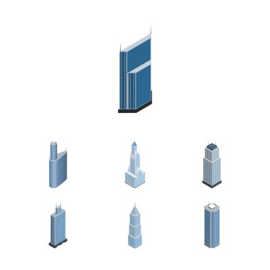 İzometrik bina İşletme Merkezi, dış, gökdelen ve diğer vektör nesneleri kümesi. Ayrıca kentsel, içerir Cityscape, dış cephe elemanları.