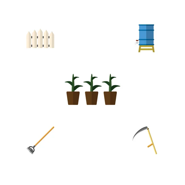 Icono plano Dacha conjunto de maceta, contenedor, barrera de madera y otros objetos vectoriales. También incluye jardinería, cortador, elementos de azada . — Vector de stock