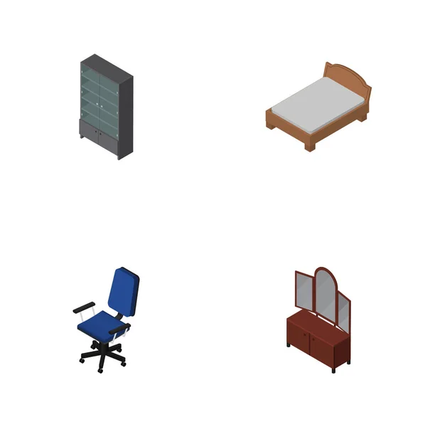 Isometrisches Designset aus Bettgestell, Schublade, Büro und anderen Vektorobjekten. umfasst auch Büro, Schrank, Möbelelemente. — Stockvektor