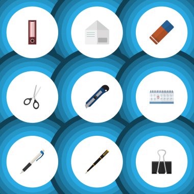 Düz simgesi ekipman kauçuk, makas, kalem ve diğer vektör nesnelerini ayarlayın. Ayrıca makas, NIB, klasör öğeleri içerir.