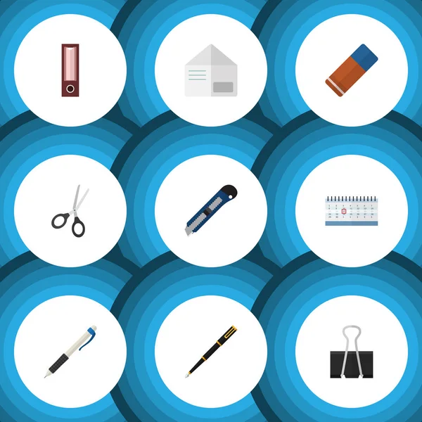Düz simgesi ekipman kauçuk, makas, kalem ve diğer vektör nesnelerini ayarlayın. Ayrıca makas, NIB, klasör öğeleri içerir.