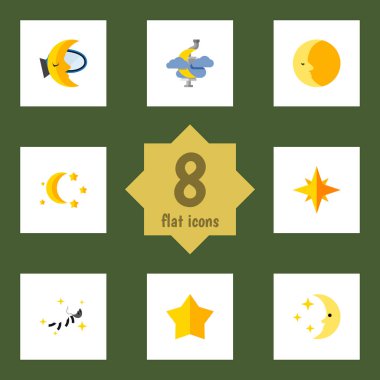Düz simgesi yatmadan önce gece yarısı, gece, yıldız ve diğer vektör nesneleri ayarlayın. Ayrıca içerir Crescent, gece, bulut öğeleri.