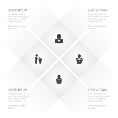 Defter, insan, Kürsü ve diğer vektör nesneleri simge lideri seti. Ayrıca adam, işadamı, hoparlör unsurları içerir.