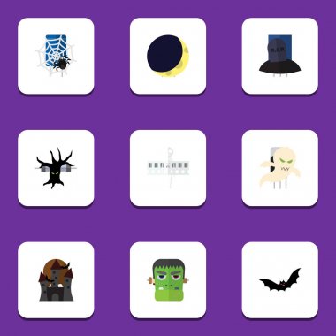Düz simgesi kutlamak canavar, hilal, korkunç Cadılar Bayramı ve diğer vektör nesneleri kümesi. Ayrıca Phantom, Moon, kale öğeleri içerir.