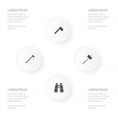 Poleaxe, Tomahawk, dürbün ve diğer vektör nesneleri simge kamp seti. Balta, balta, bıçak öğeleri de içerir.