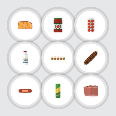 Şişe, ketçap, tütsülenmiş sosis ve diğer vektör nesnelerini düz simge yemek seti. Sosis, yumurta, spagetti öğeleri de içerir.