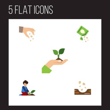 Düz simgesi tohum ekmek, tohum, bakım ve diğer vektör nesneleri küme. Ayrıca çiçekçi, el, tohum öğeleri içerir.