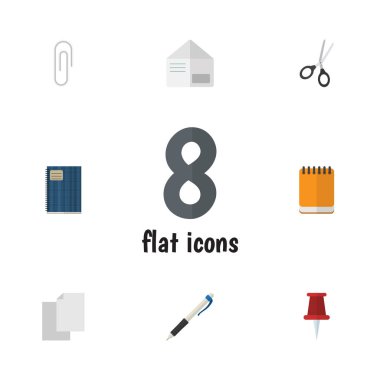 Düz simge Kırtasiye defterini, Notepaper, kalem ve diğer vektör nesneleri kümesi. Ayrıca defter, makas, Notepaper öğeleri içerir.