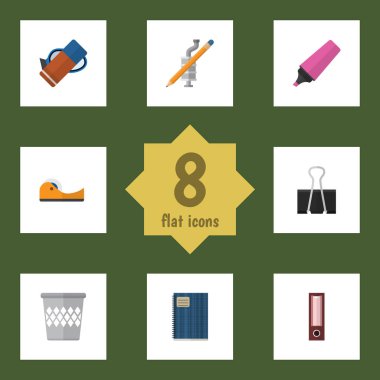 Düz simge Kırtasiye dosyası, ataş, çöp tenekesi ve diğer vektör nesneleri kümesi. Ayrıca Clip, yapışkan, yapışkan öğeleri içerir.