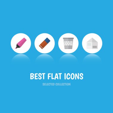 Düz simge Kırtasiye çöp tenekesi, Marker, kauçuk ve diğer vektör nesneleri kümesi. Ayrıca Bin, çöp tenekesi, silgi öğeleri içerir.