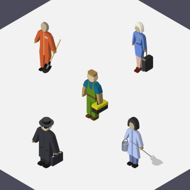 İzometrik kişi tesisatçı, süpürge, hostes ve diğer vektör nesneleri kümesi. Ayrıca kahya, hostes, Bayan unsurları içerir.