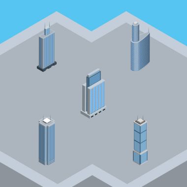 İzometrik gökdelen daire, gökdelen, Bina ve diğer vektör nesneleri kümesi. Ayrıca dış, kule, Cityscape unsurları içerir.