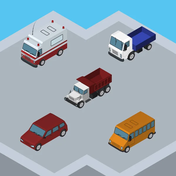 等尺性輸送は車、トラック、もらえてよかったと他のベクトル オブジェクトのセット。また車、貨物自動車、自動要素が含まれています. — ストックベクタ