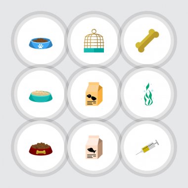 Köpek maması, kemik simge hayvan seti düz, hapishane ve diğer vektör nesneleri kuş. Ayrıca içerir gıda, su, kedi öğeleri.