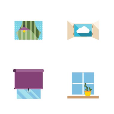 Düz simgesi çerçeve kümesi saksı, perde, bulut ve diğer vektör nesneleri. Ayrıca açık, pencere, çiçek öğeleri içerir.