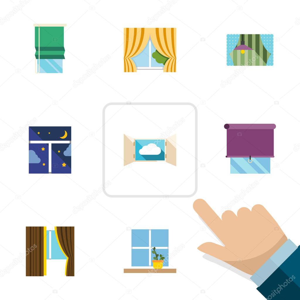 Flat Icon Window Set Of Glass Frame, Glass, Cloud And Other Vector Objects. Also Includes Pot, Night, Balcony Elements.