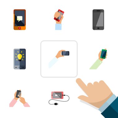 Ekran düz simgesi akümülatör, sohbet, etkileşimli ayarlanan telefon ve diğer vektör nesnelerine. Ayrıca Holding, interaktif, içerir ekran öğeleri.