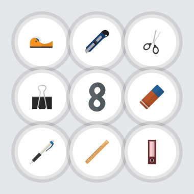 Düz simgesi araç kümesi yeşilaycı, dosyası, kalem ve diğer vektör nesneleri. Ayrıca kağıt, ölçü birimi, Teybi unsurları içerir.