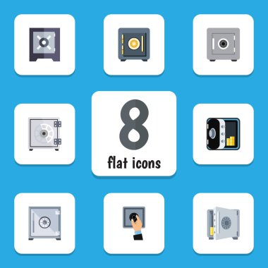 Düz simgesi kapalı tasarruf, bankacılık, koruması ve diğer vektör nesneleri kümesi. Kasa, paralar, bankacılık öğeleri de içerir.