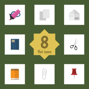 Düz simge Kırtasiye Marker, kesme makineleri, sayfaları ve diğer vektör nesnelerini ayarlayın. Ayrıca sac, defterini, işaretçi öğeleri içerir.