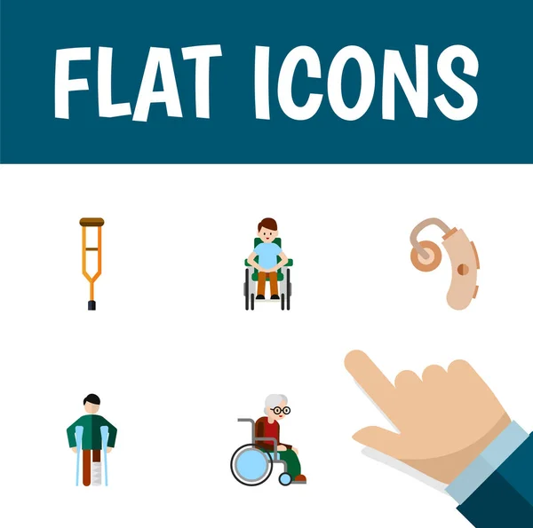 Flat ikonen Cripple uppsättning funktionshindrad, stativ, audiologi vektorobjekt. Innehåller även stativ, käpp, Kryckkäpp element. — Stock vektor