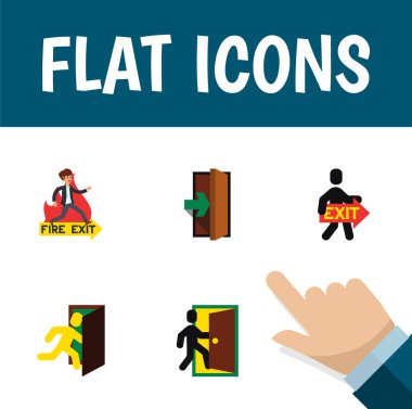 Düz simgesi çıkış kümesi girişi, tahliye, acil durum ve diğer vektör nesneleri. Yönlü, yangın, tahliye öğeleri de içerir.