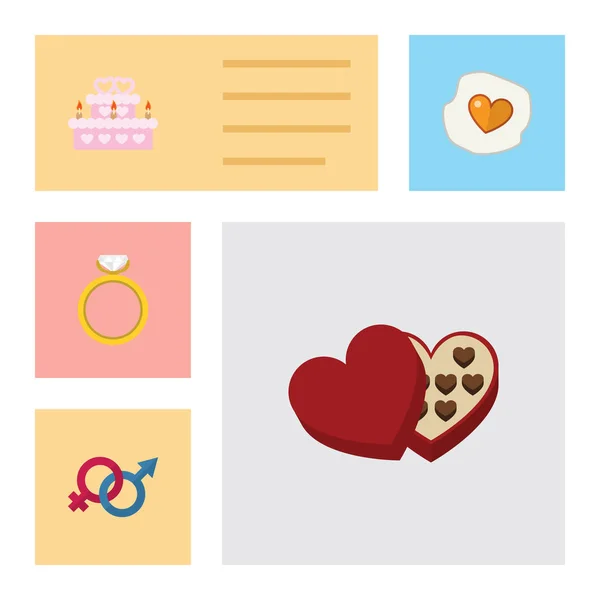 Ensemble de coeur d'icône plate de pâtisserie, fiançailles, boîte en forme et autres objets vectoriels. Comprend également l'engagement, façonné, éléments de genre . — Image vectorielle
