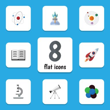 Düz simgesi bilgi ders, alev, Proton ve diğer vektör nesneleri kümesi. Ayrıca teleskop, sistem, roket öğeleri içerir.