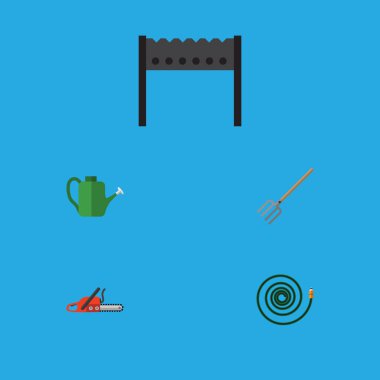 Düz simgesi kulübemde demir testeresi, Hosepipe, Bauer ve diğer vektör nesneleri kümesi. Ayrıca Hosepipe, aracı, Barbekü öğeleri içerir.
