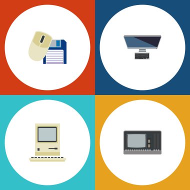 Düz simge Laptop seti, bilgisayar fare, bilgisayar Pc ve diğer vektör nesneleri. Retro, fare, bilgisayar öğeleri de içerir.