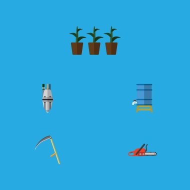 Kesici, demir testeresi, pompa ve diğer vektör nesnelerini düz simge çiftlik seti. Testere, Tank, tırpan öğeleri de içerir.