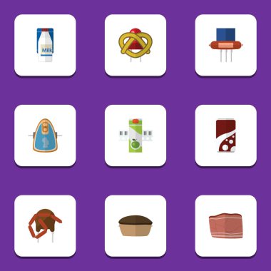 Tart, paket içecek, sığır eti ve diğer vektör nesnelerini düz simge yemek seti. Ayrıca Kielbasa, Bratwurst, Frankfurt öğeleri içerir.