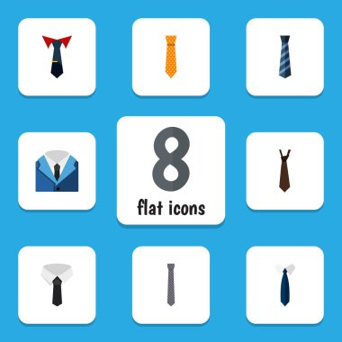 Düz simgesi giyim yaka, tekstil, takım elbise ve diğer vektör nesneleri kümesi. Ayrıca kravat, gömlek, kravat unsurları içerir.