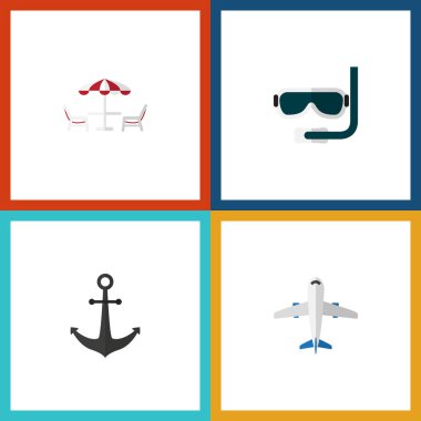 Düz simgesi yaz kümesi tüplü dalış, gemi kanca, RECLINER ve diğer vektör nesneleri. Ayrıca kanca, uçak, Aqualung öğeleri içerir.