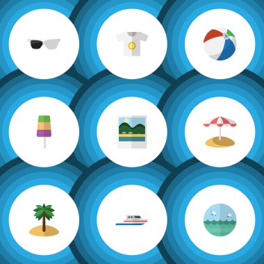 Düz simgesi yaz tekne, okyanus, gözlük ve diğer vektör nesnelerini ayarlayın. Ayrıca Foto, Hindistan cevizi, deniz unsurları içerir.