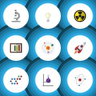 Düz simgesi bilim cam, Orbit, şişesi ve diğer vektör nesneleri kümesi. Ayrıca optik, içerir motoru, tüp öğeleri.