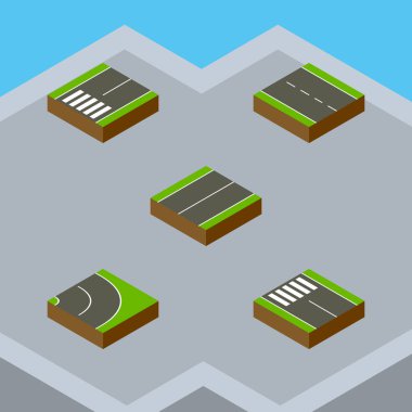 İzometrik yol tek şeritli, asfalt, uçak ve diğer vektör nesneleri kümesi. Ayrıca Driveway, asfalt, Footpassenger öğeleri içerir.