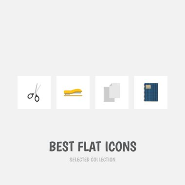 Düz simge Kırtasiye malzemeleri, çarşaf, kesme makineleri ve diğer vektör nesnelerini ayarlayın. Ayrıca defter, makas, boşaltmak öğeleri içerir.